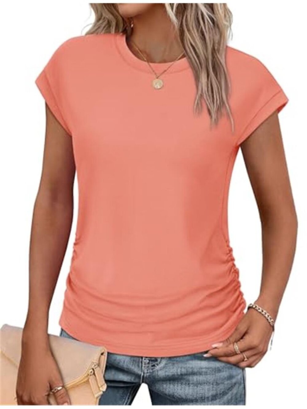 Womens Ruched T Shirt Cap Sleeve Crew Neck Casual Summer Blouse Stretch Top